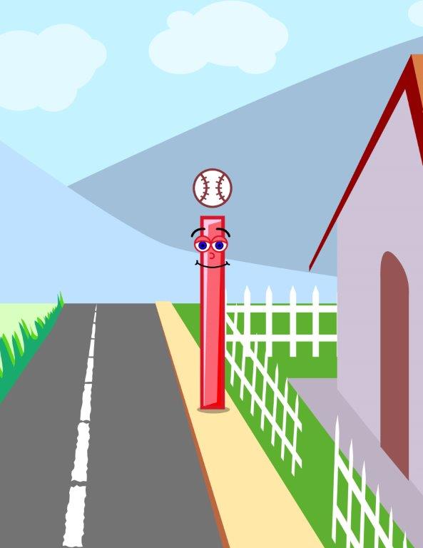 Red letter 'I' with baseball on top, standing by a road near a house with a white fence.